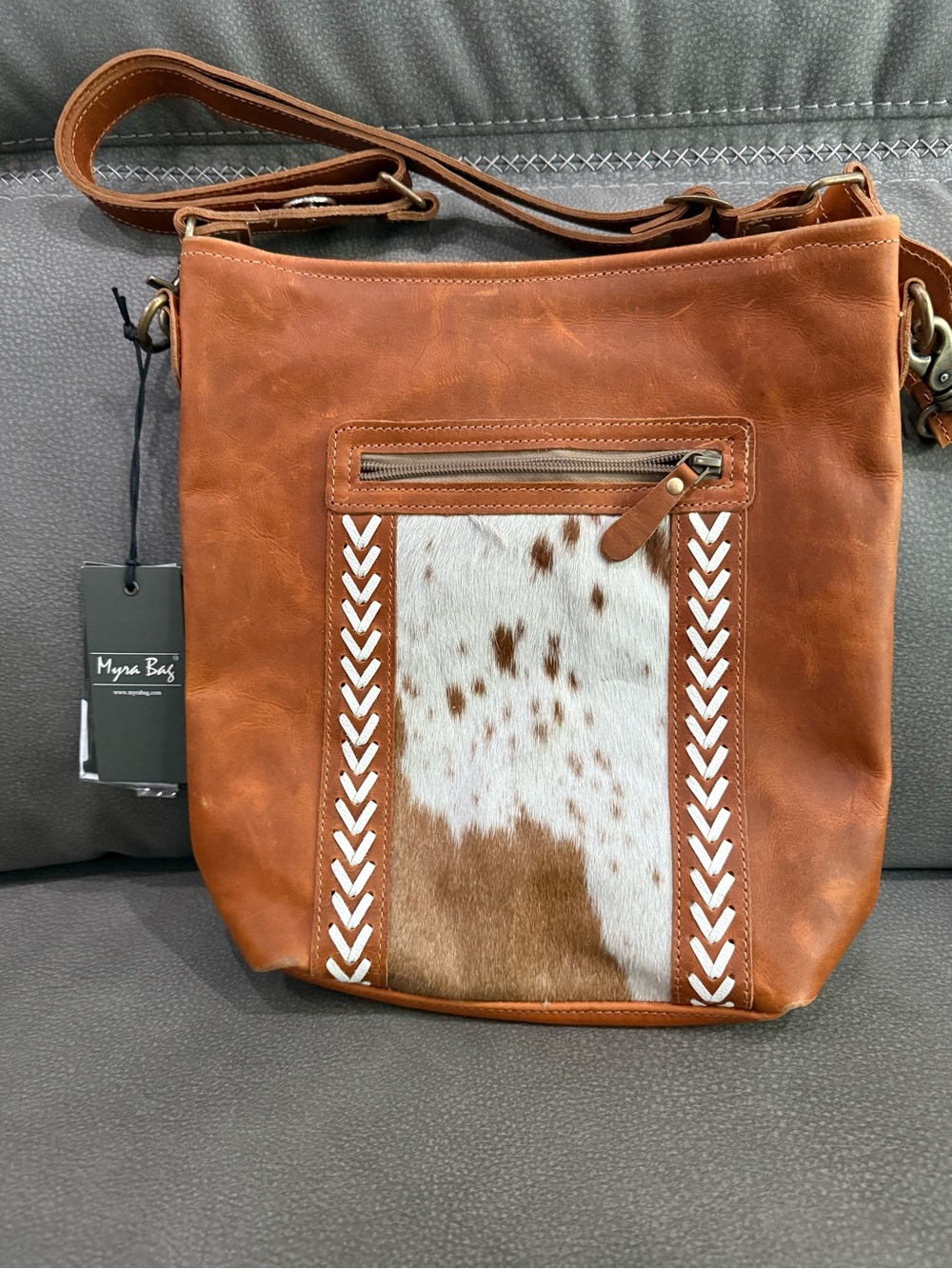 Myra Bag Brown Leather Crossbody with Cowhide Front Panel